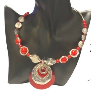 Zevar by Treska Statement Necklace Women OS Red Silver Tiered Pendant Bold